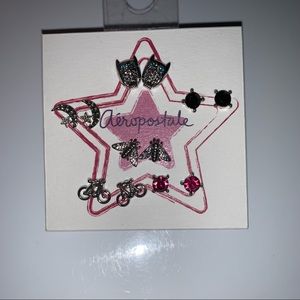 AEROPOSTALE Earrings 6 Pair Card Owls Star & Moon Bees Bikes Gem Stones NEW Cute